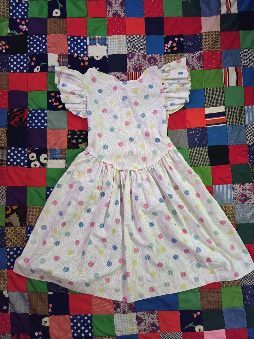 Vintage 60s Pastel Polka Dot Ruffle Sleeve Dress